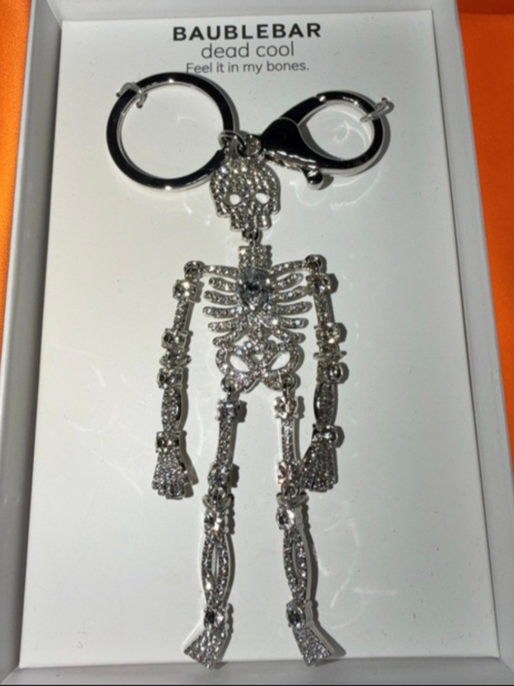 BaubleBar Crystal Dead Cool Skeleton Long 4" Keychain Bagcharm. Silvertone NEW